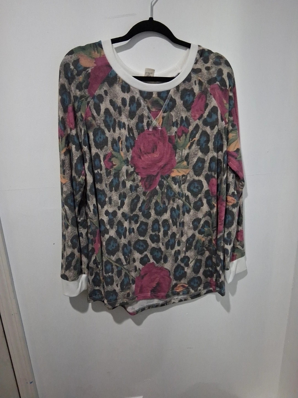 Sew In Love Grey Leopard Floral Long Sleeve Top with Pink Roses